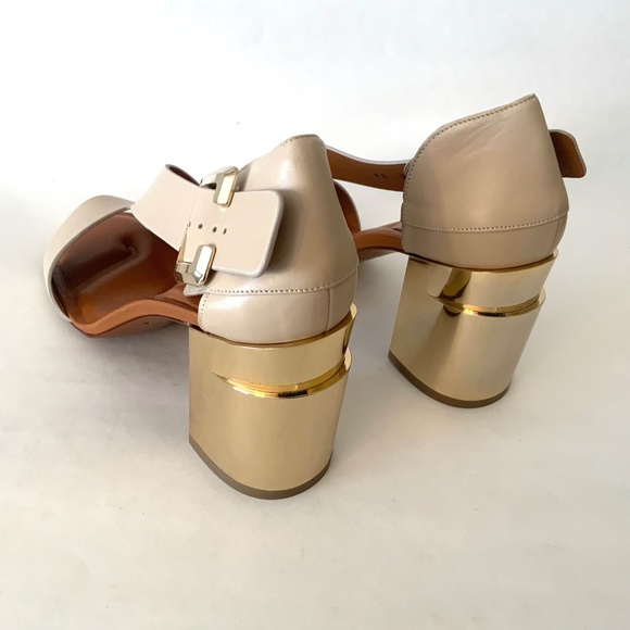 CLERGERIE Women's Beige Leather Abstract Gold Block-Heel Sandals Open toe Pumps - Picture 10 of 16